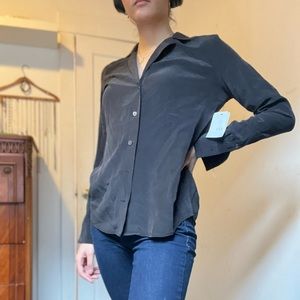 Black pure silk button-down v-neck shirt with tags, size XS